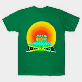 Irie Jamaica in the sun, Rasta colours and Jamaican flag in black green and gold inside the word Jamaica T-Shirt